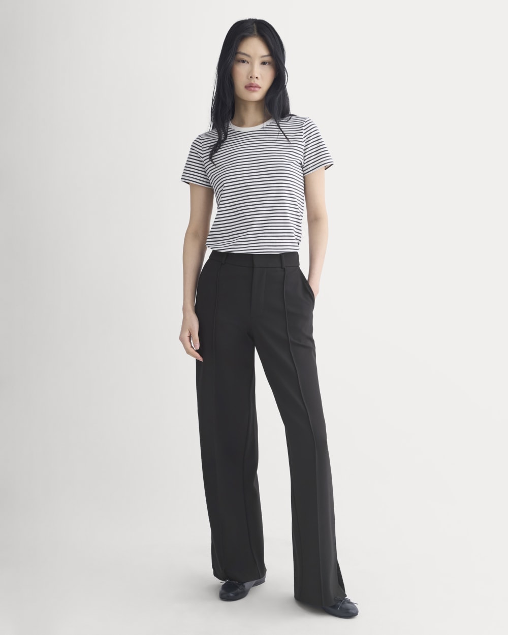 The Slim Crew in Essential Cotton in Bone / Pirate Black Stripe — detail view