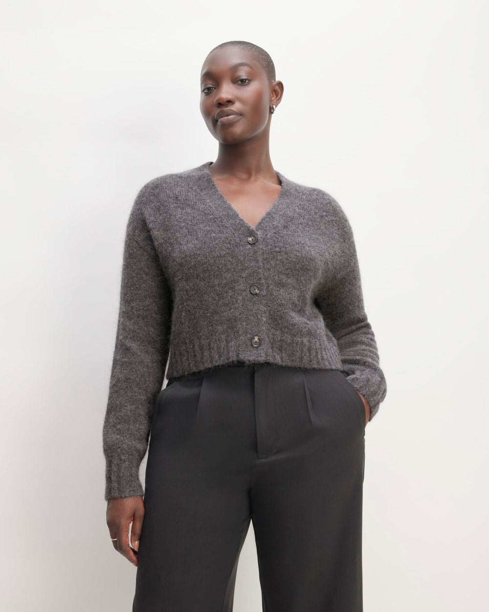 The Alpaca V-Neck Cropped Cardigan in Dark Charcoal — front view
