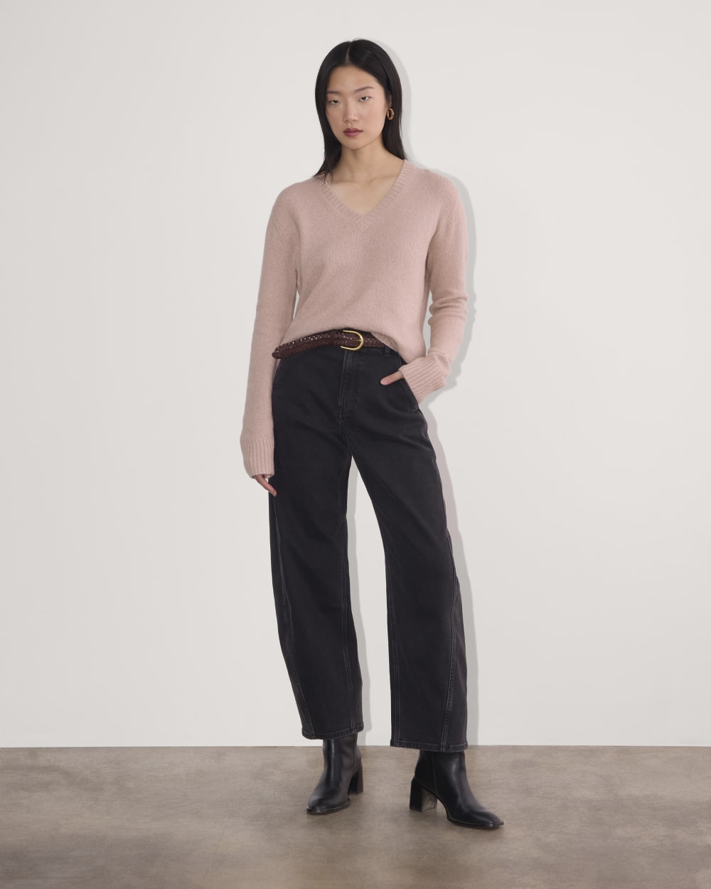 The V-Neck Sweater in Plush Cotton in Dusty Rose — detail view
