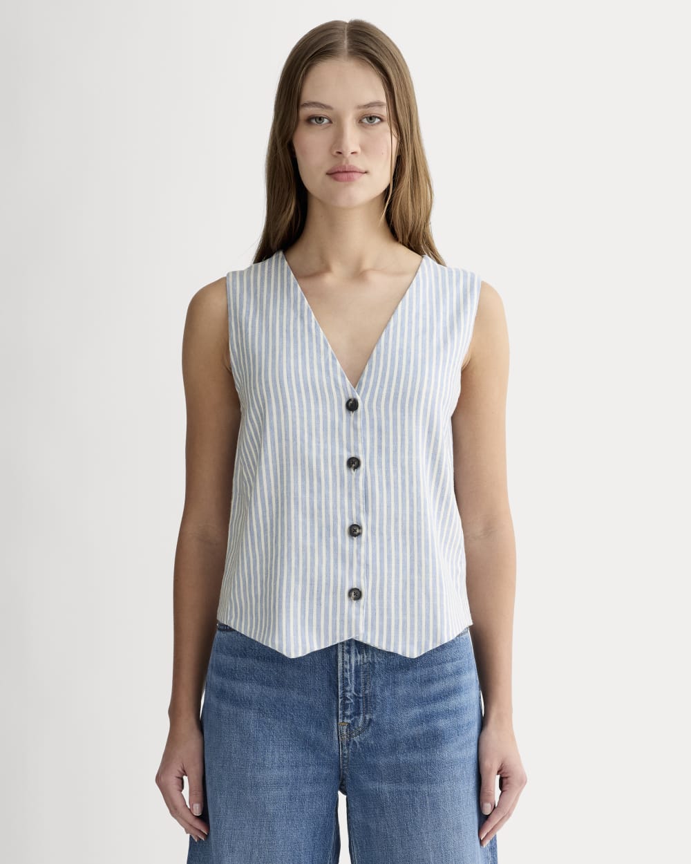 The Vest in Stretch Linen in Bluebell / Bone — front view