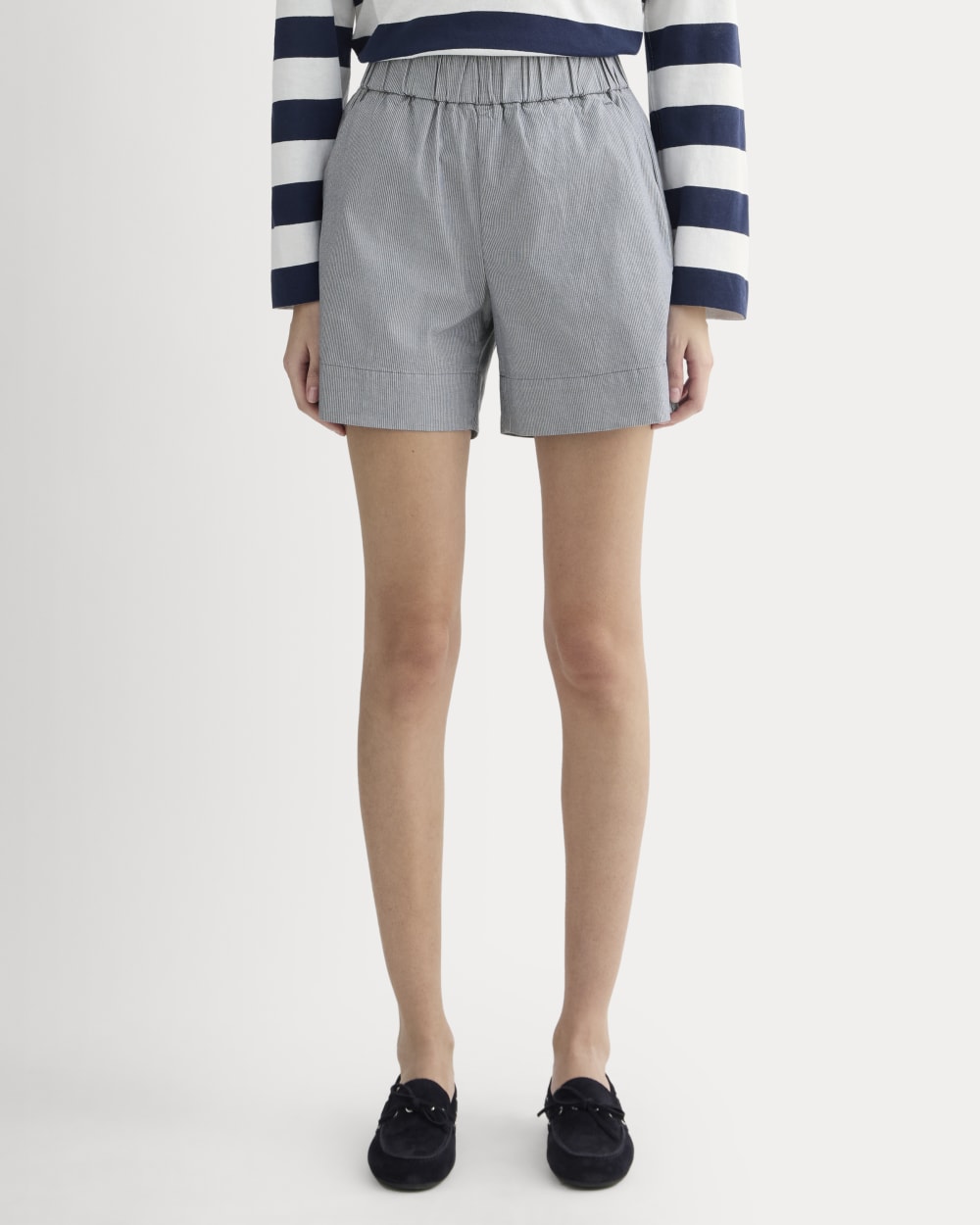 The Easy Short in Dark Denim Pinstripe — detail view