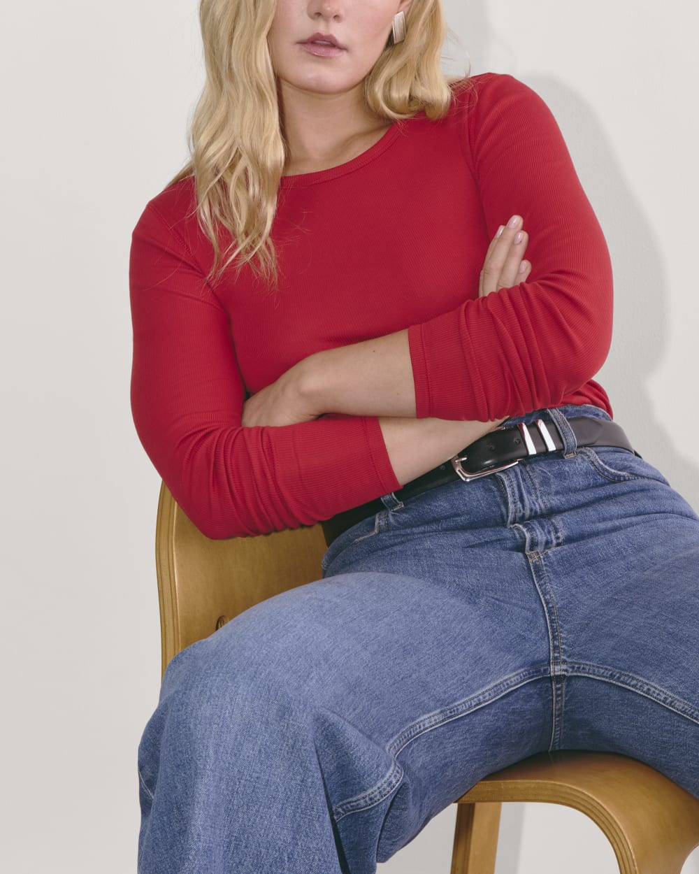 The Luxe Rib Long-Sleeve Crew in Berry Red — detail view