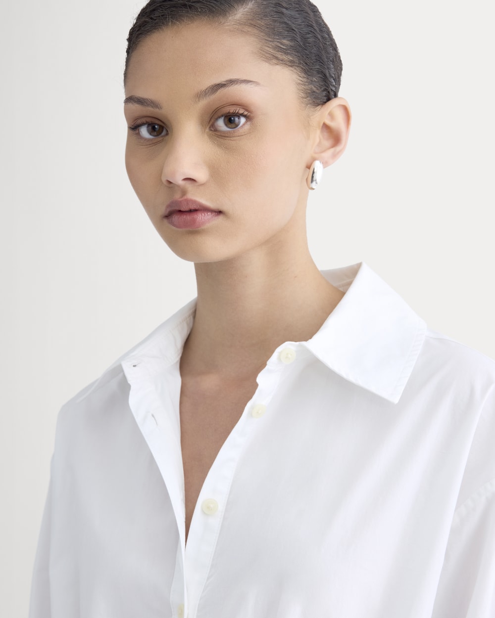 The Drawcord Shirtdress in Ultrasoft Cotton in White — detail view