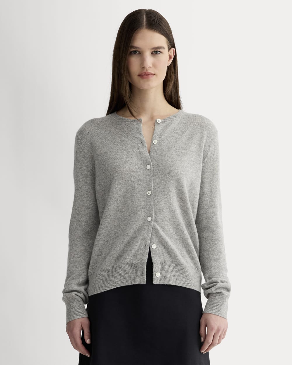 The Classic Cardigan in Cashmere in Light Heather Grey — front view