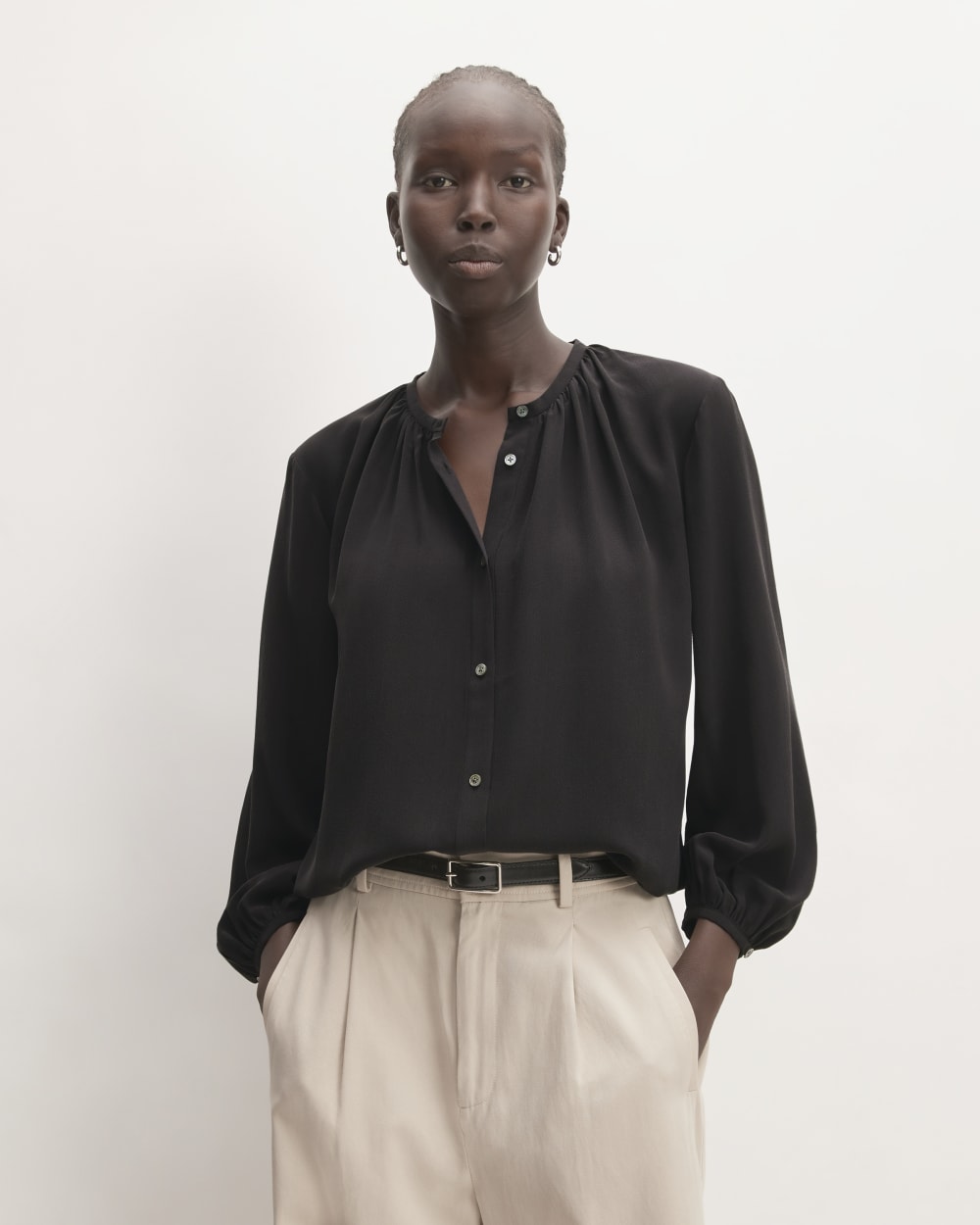 The Washable Clean Silk Shirred Blouse in Black — front view