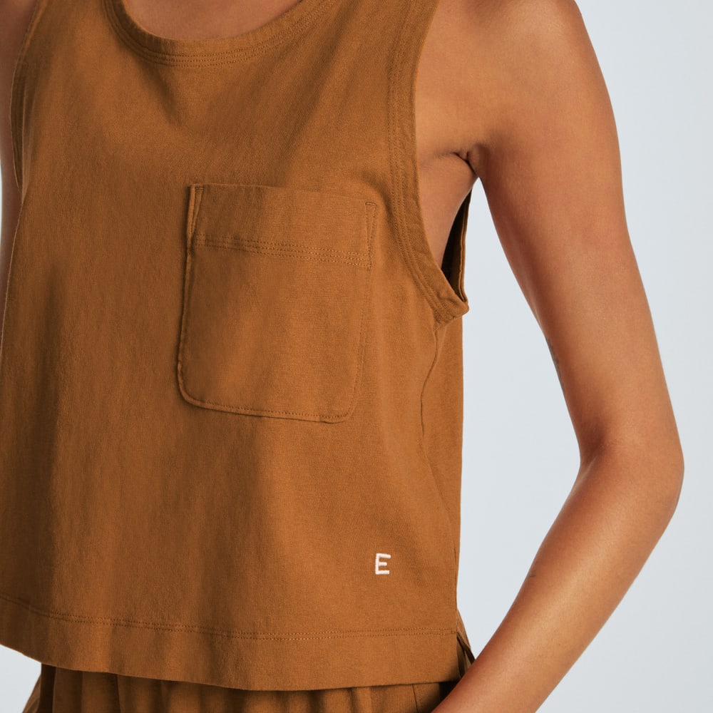The Premium Weight Cropped Pocket Tank in Tawny Brown — detail view