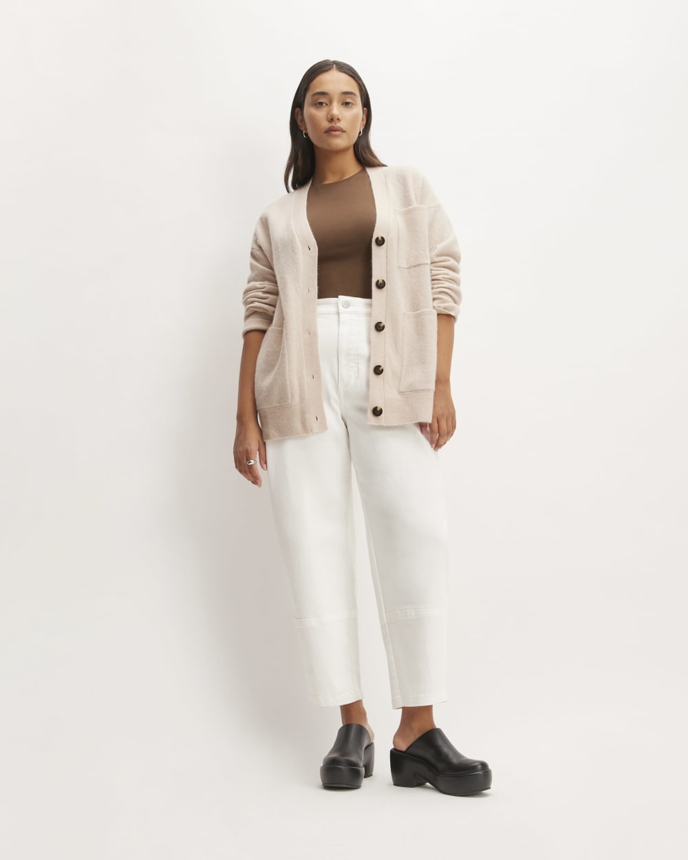 The Cozy-Stretch Relaxed Cardigan in Whisper Pink — detail view