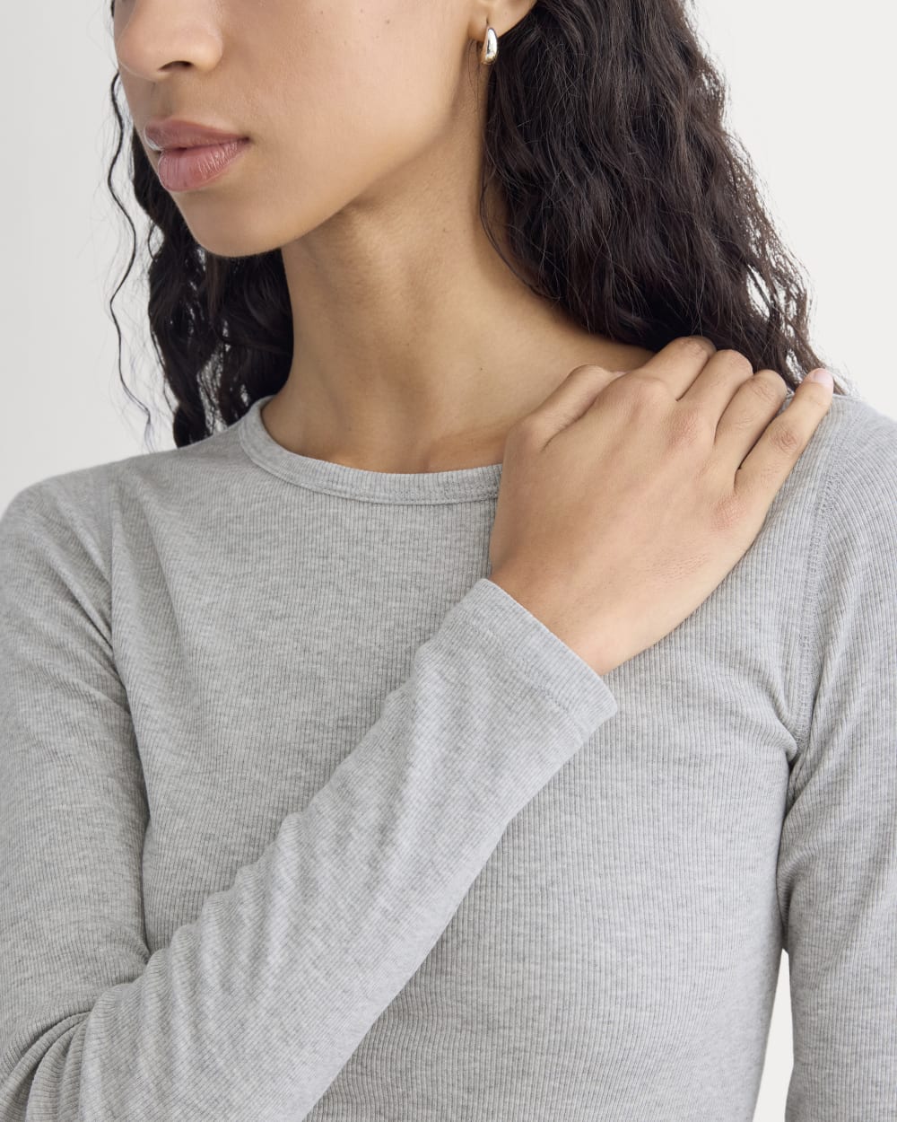 The Luxe Rib Long-Sleeve Crew in Classic Heather Grey — detail view