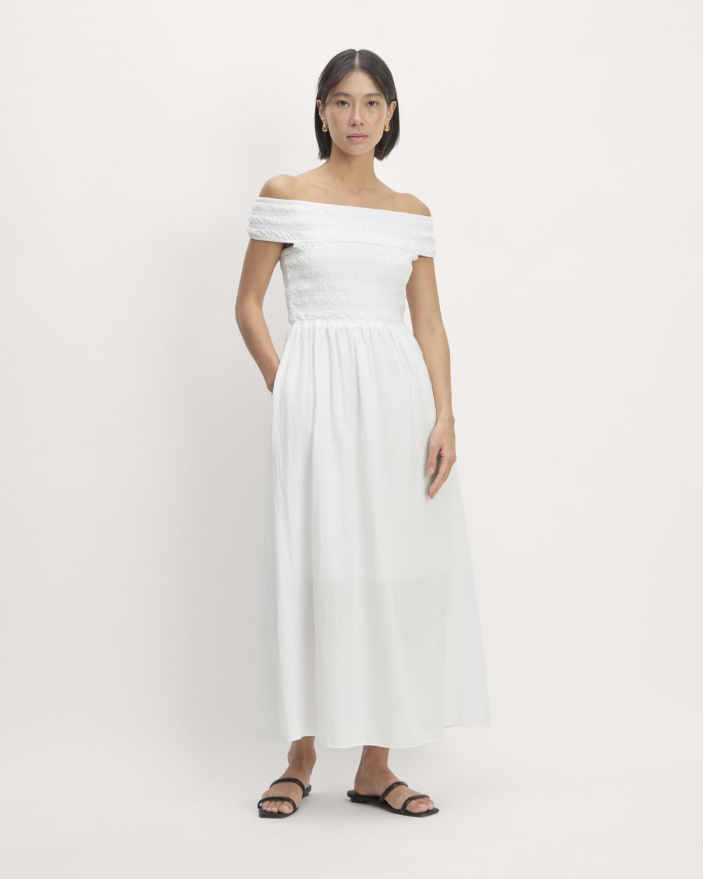 The Gauze Off-the-Shoulder Dress in White — front view