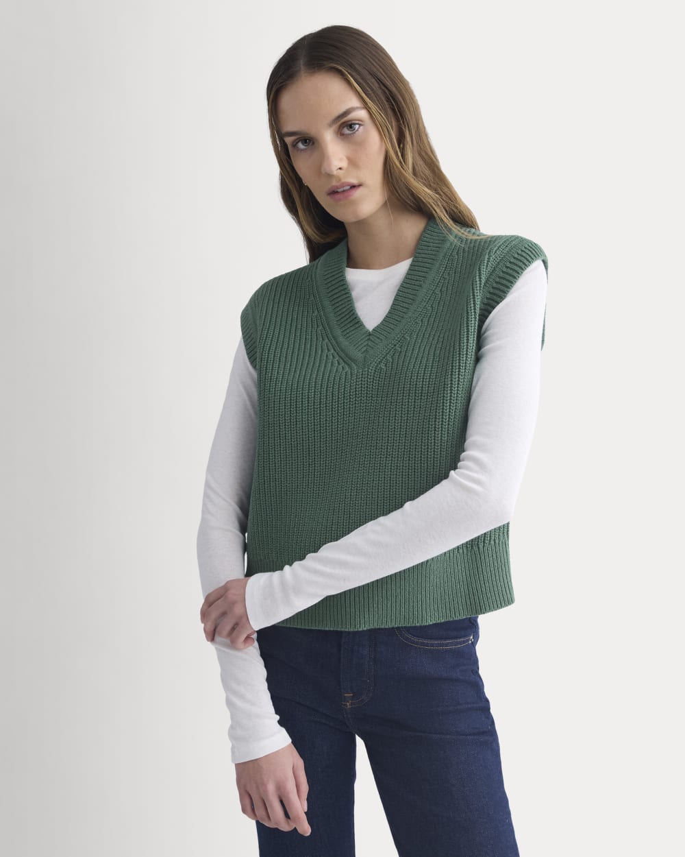 Ribbed V-Neck Vest in Everyday Cotton in Hunter Green — front view