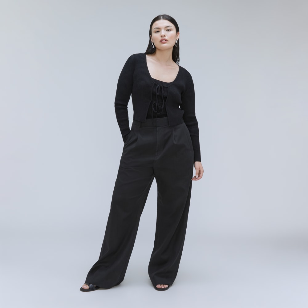The Cotton-Merino Front-Tie Top in Black — detail view
