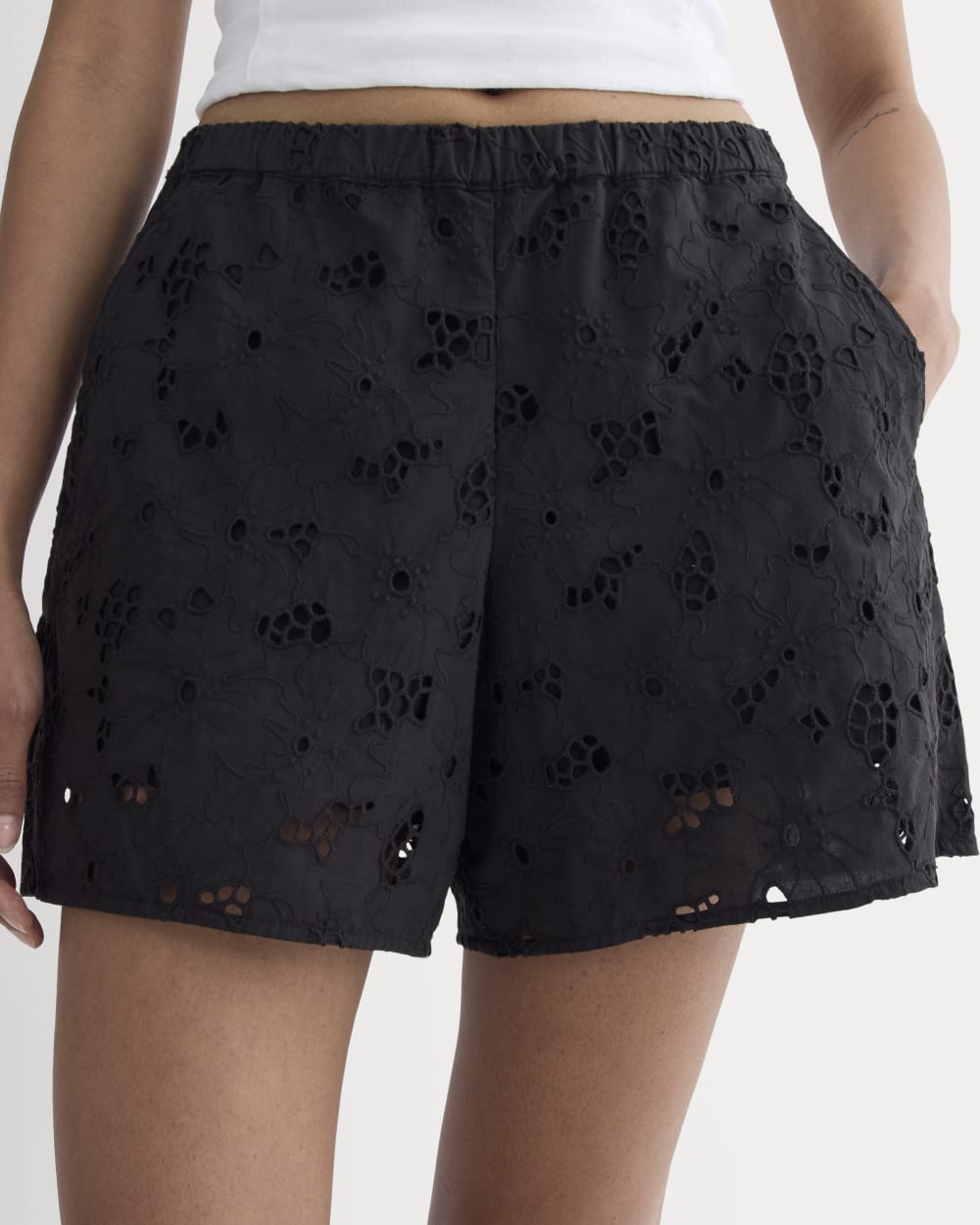The Eyelet Pull-On Short in Black — detail view