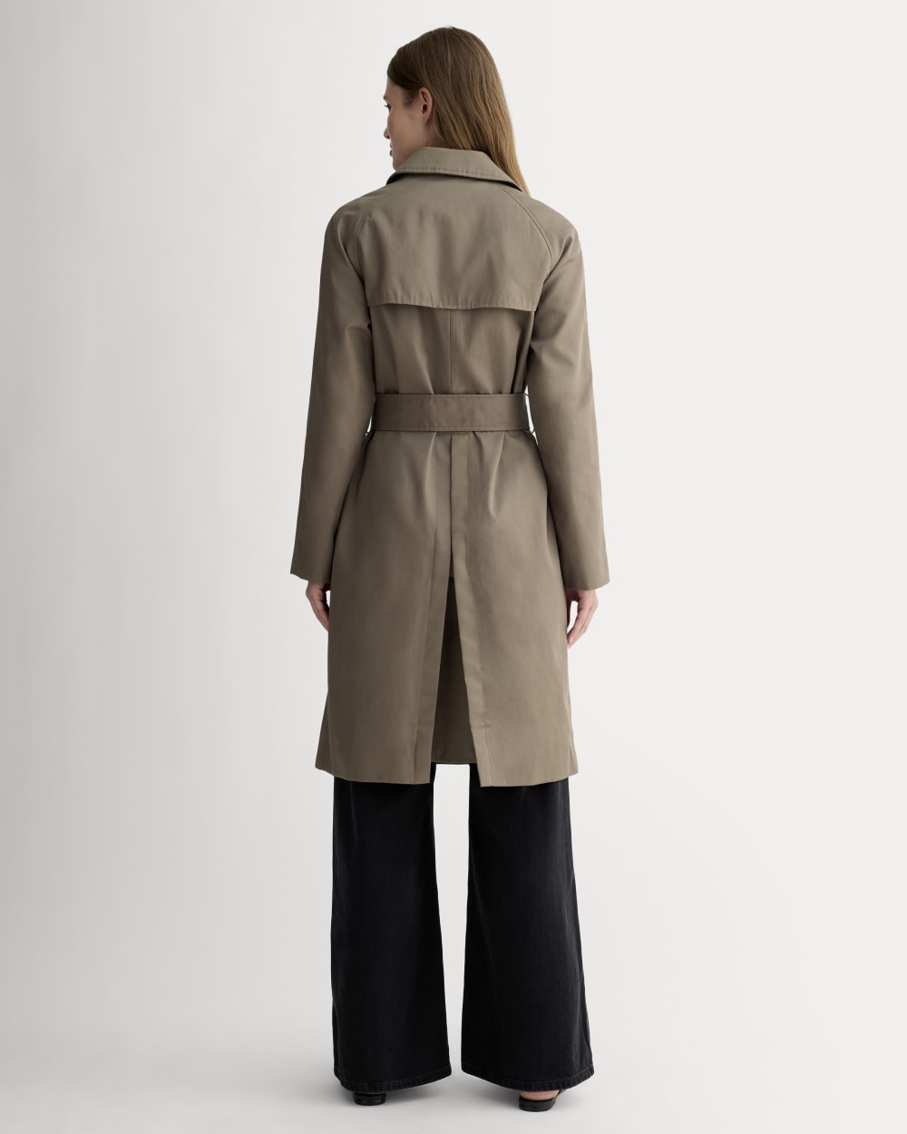 The Modern Trench Coat in Deep Taupe — detail view