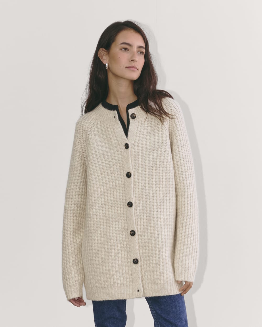 The Fisherman Cardigan in Cloud in Heathered Oat — front view