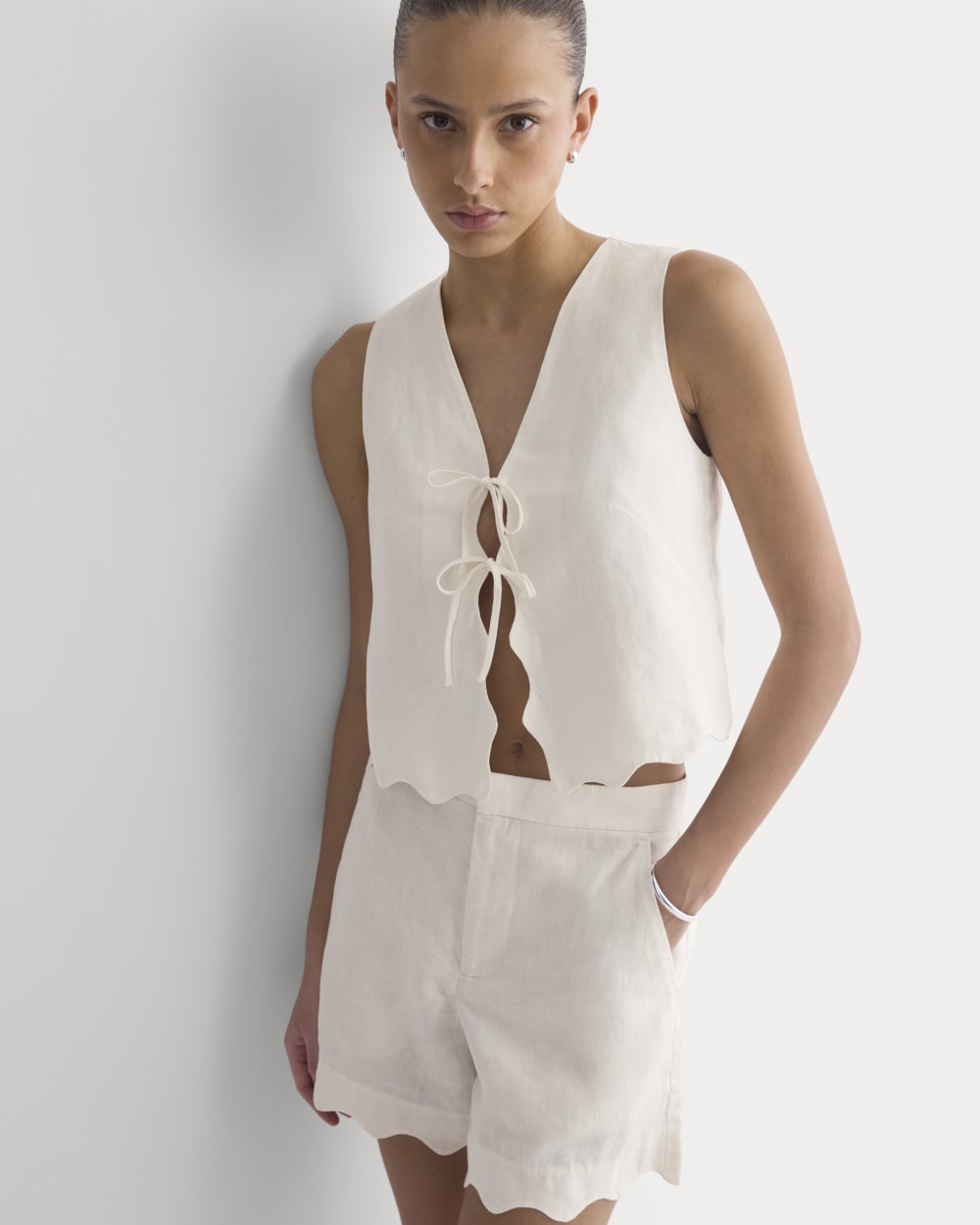 Tie-Front Scallop Tank in Linen in Bone — detail view