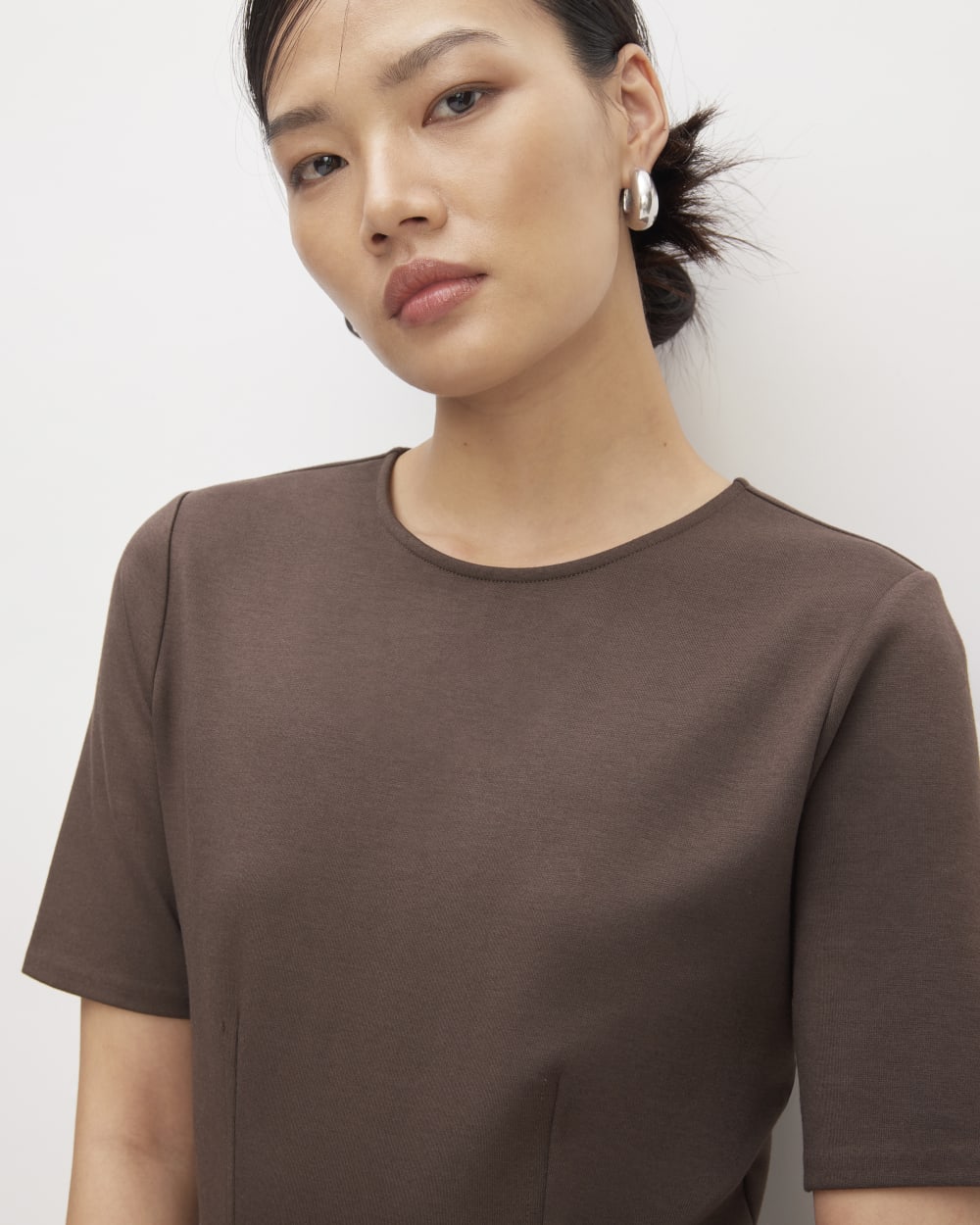 The Dream Short-Sleeve Dress in Earth Brown — detail view