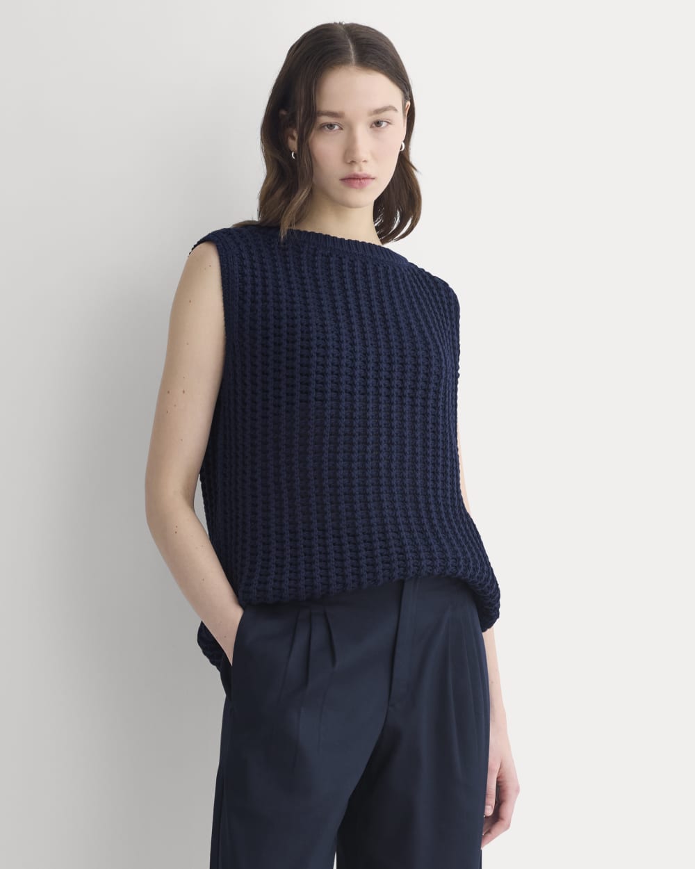 Open-Knit Tunic Vest in Elevated Cotton in Navy — front view