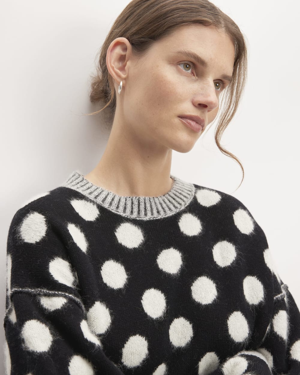 The Alpaca Polka Dot Oversized Crew in Black / Snow Polka Dot — detail view