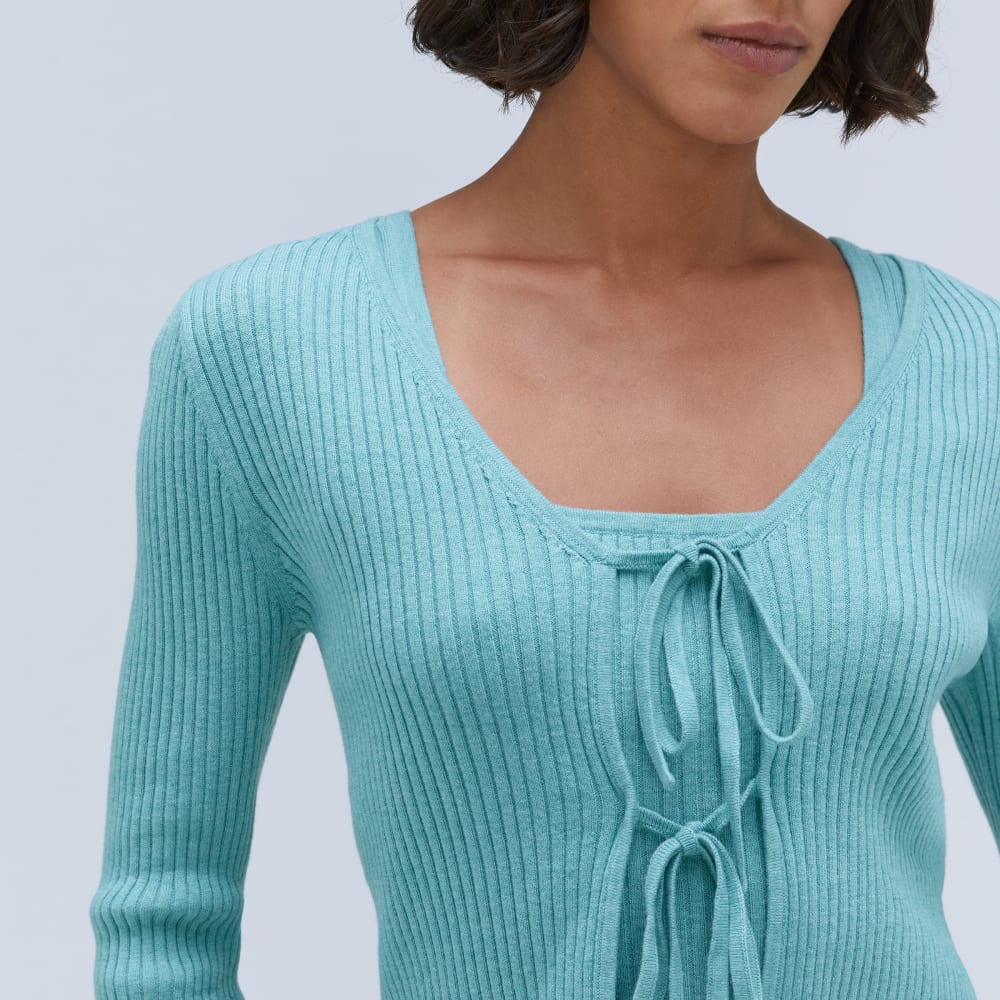The Cotton-Merino Front-Tie Top in Deep Turquoise — detail view