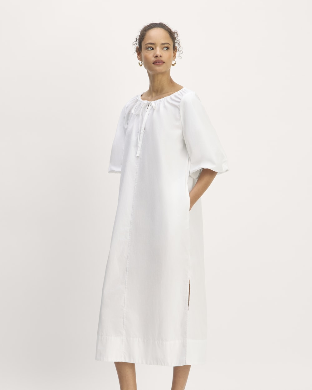 The Supima® Puff-Sleeve Dress in White — front view