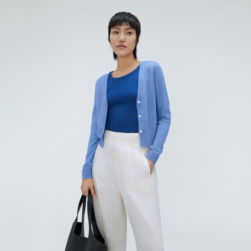 The Featherweight Alpaca Cardigan in Blue Opal — detail view