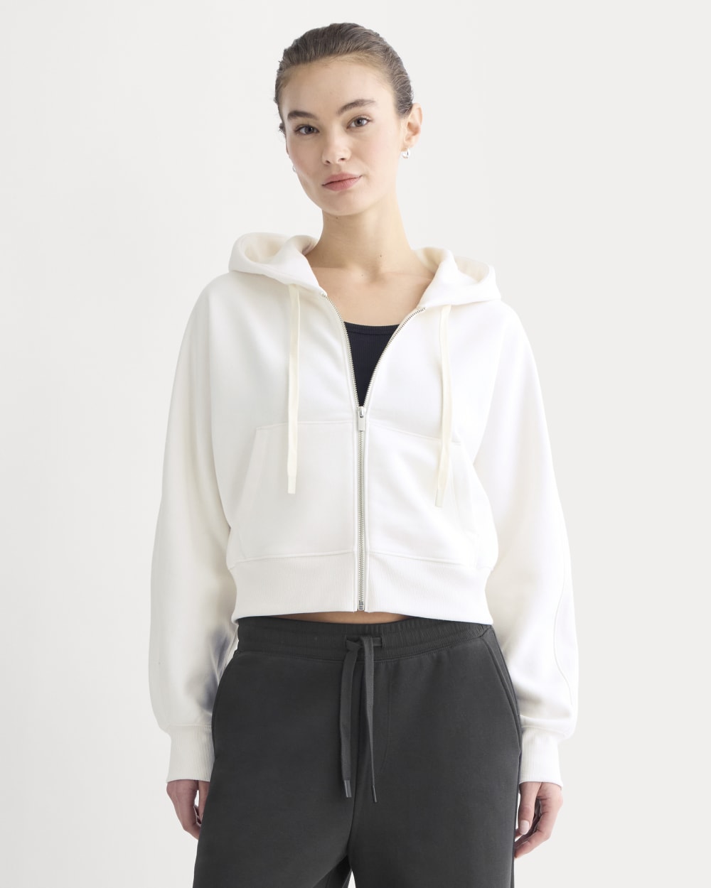 Luxe Fleece Full-Zip Cropped Hoodie in Bone — front view