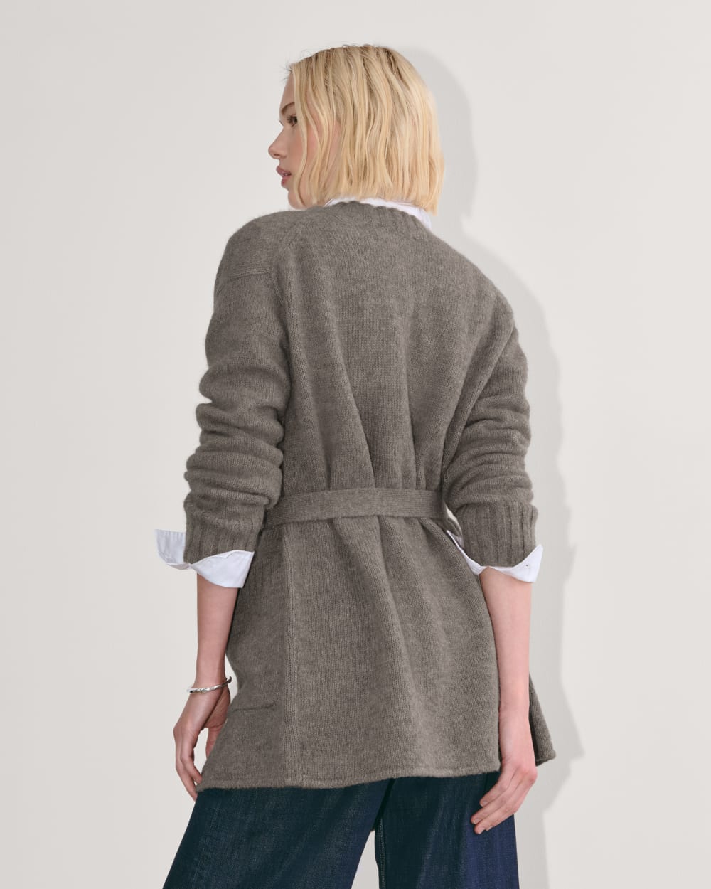 The Robe Cardigan in Alpaca in Taupe Melange — detail view