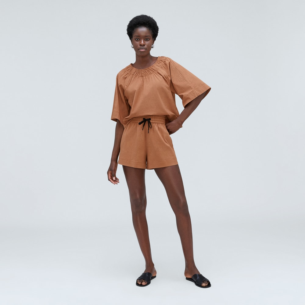 The Seersucker Gathered Tee in Tawny Brown — detail view