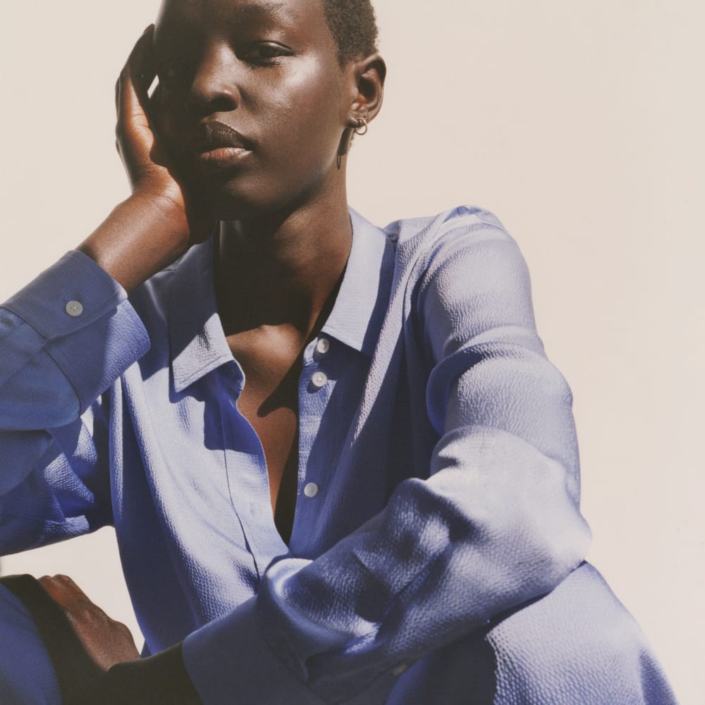 The Satin Relaxed Shirt in Cornflower Blue — detail view