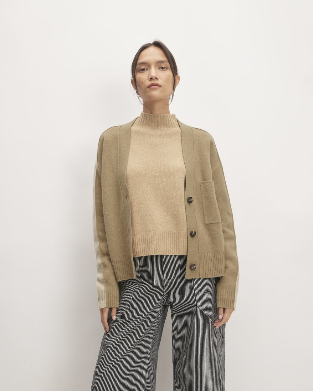 The Good Merino Wool Cardigan in Light Camel / Dark Oat — front view