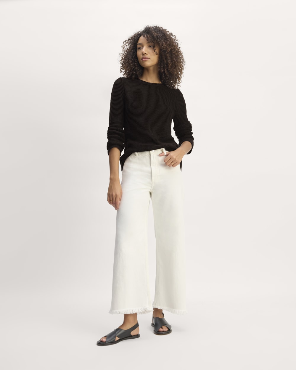 The Organic Cotton Open-Stitch Crew in Black — detail view