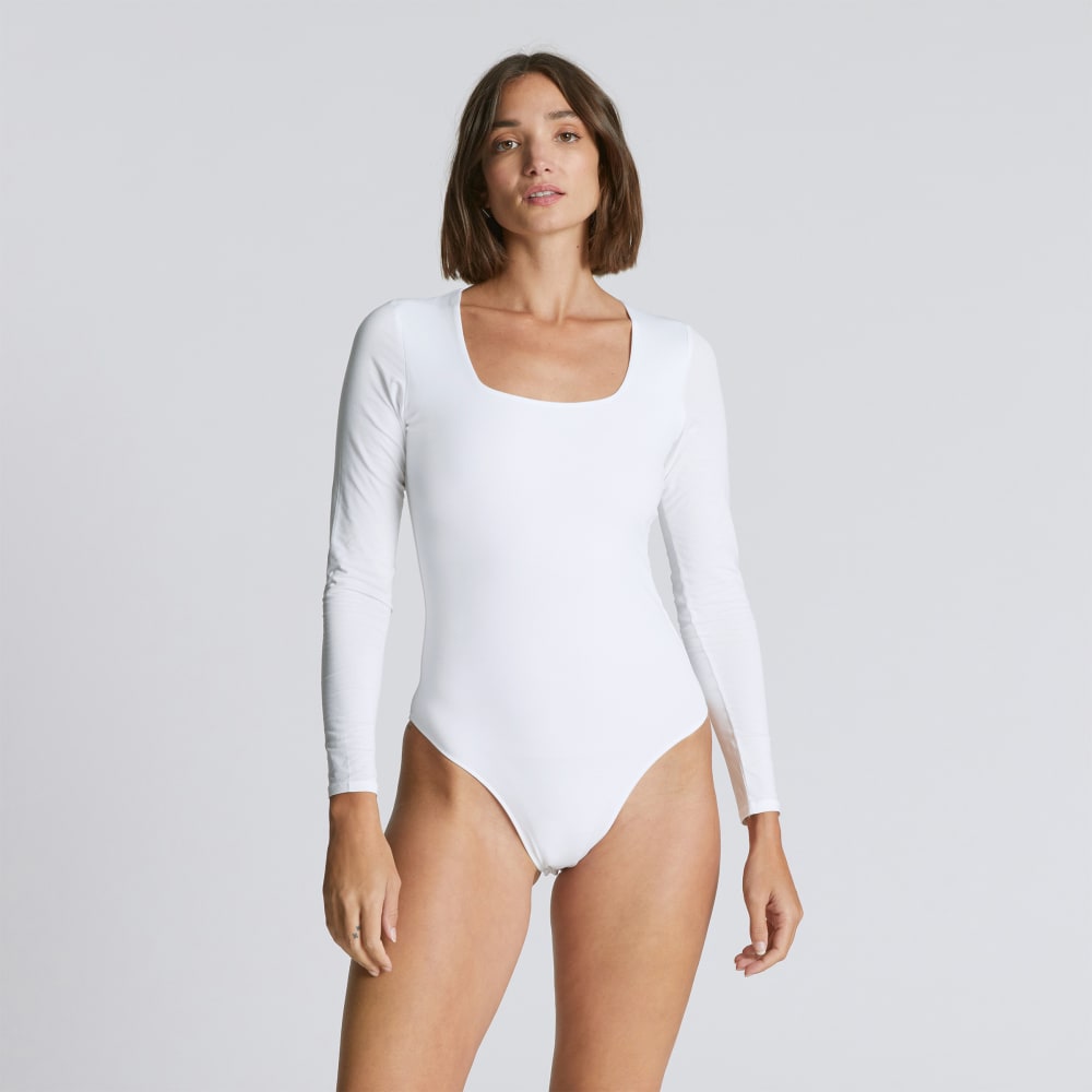 The Long-Sleeve Supima® Square-Neck Bodysuit in White — detail view