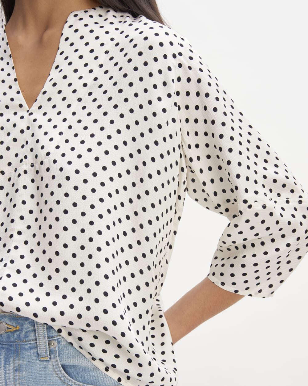 The Hammered Satin Balloon Sleeve Top in Bone / Black Polka Dot — detail view