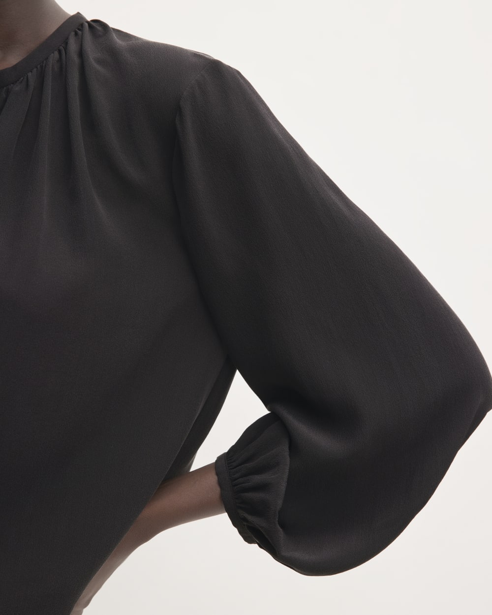 The Washable Clean Silk Shirred Blouse in Black — detail view