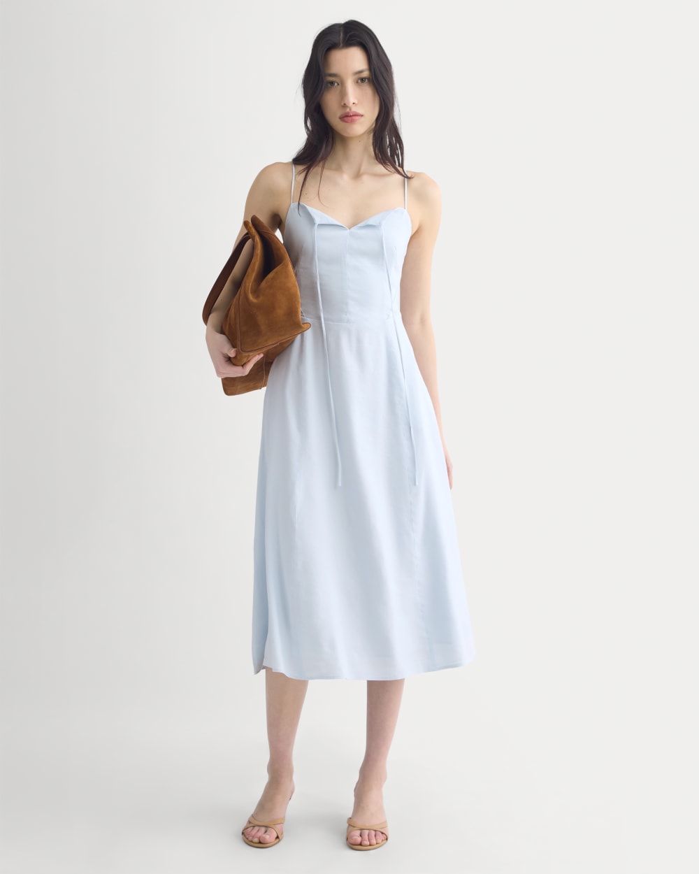 Tie-Neck Dress in Stretch Linen in Skywriting — front view