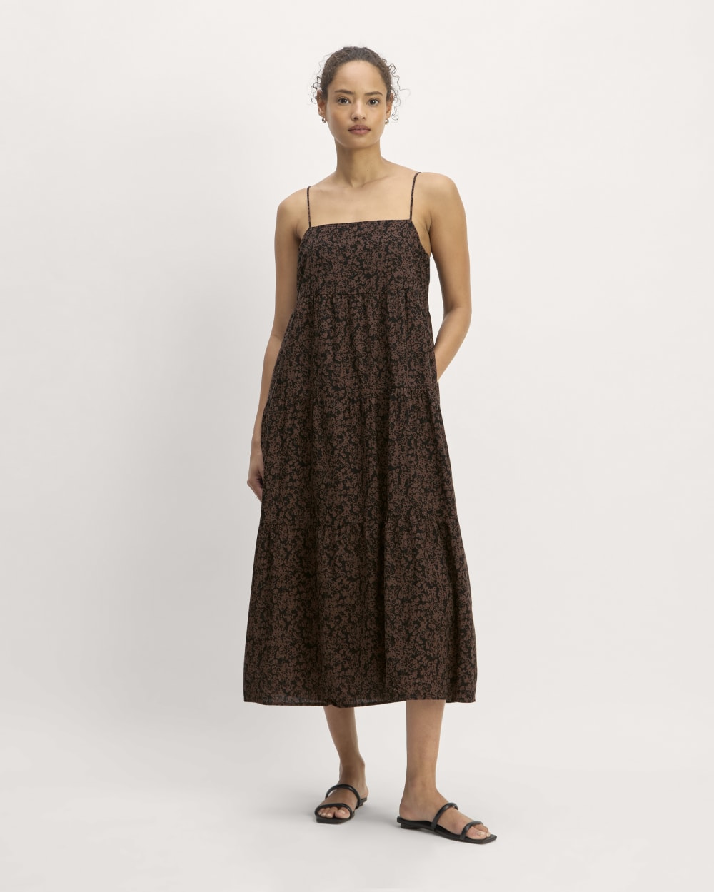 The Gauze Tiered Dress in Black / Cocoa Small Floral — front view
