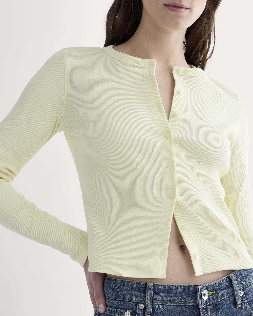 The Selfie Cardigan in Light Yellow — detail view