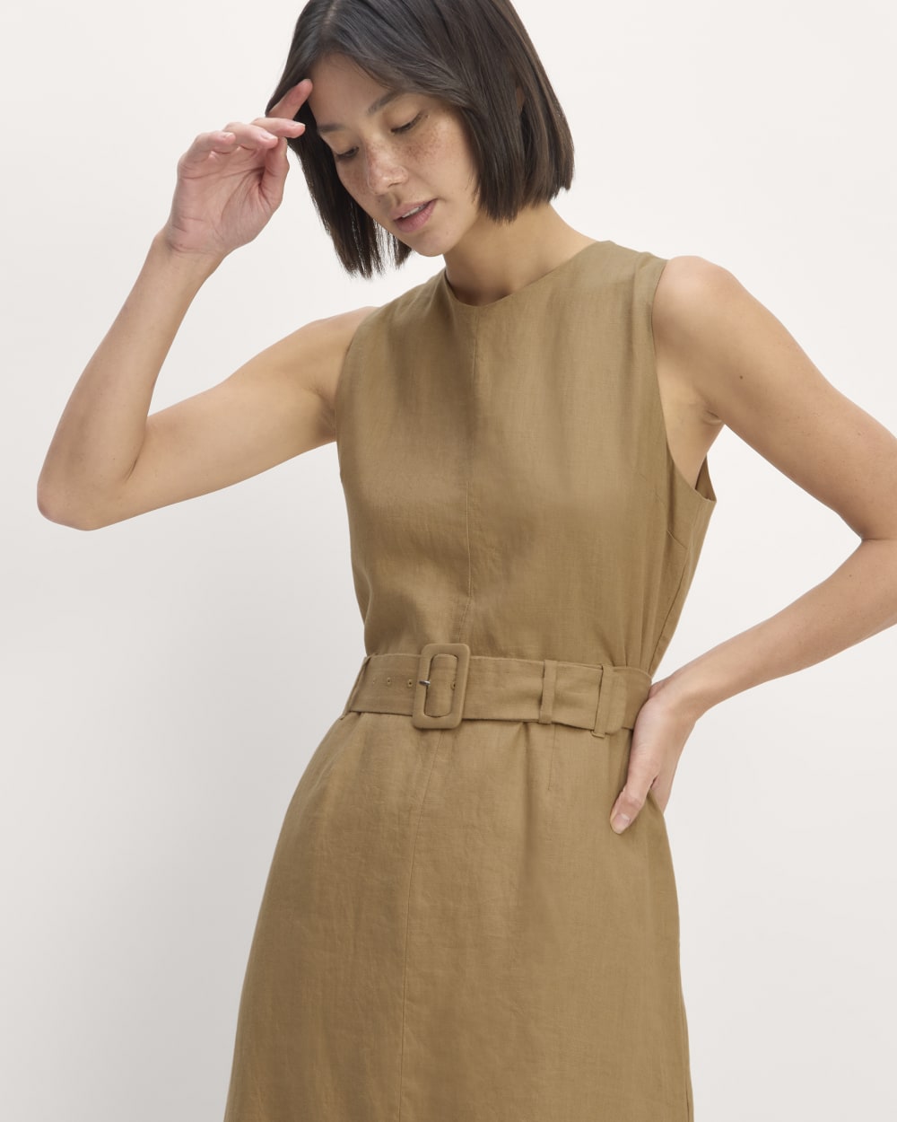 The Linen Belted Midi Dress in Tiger's Eye — front view