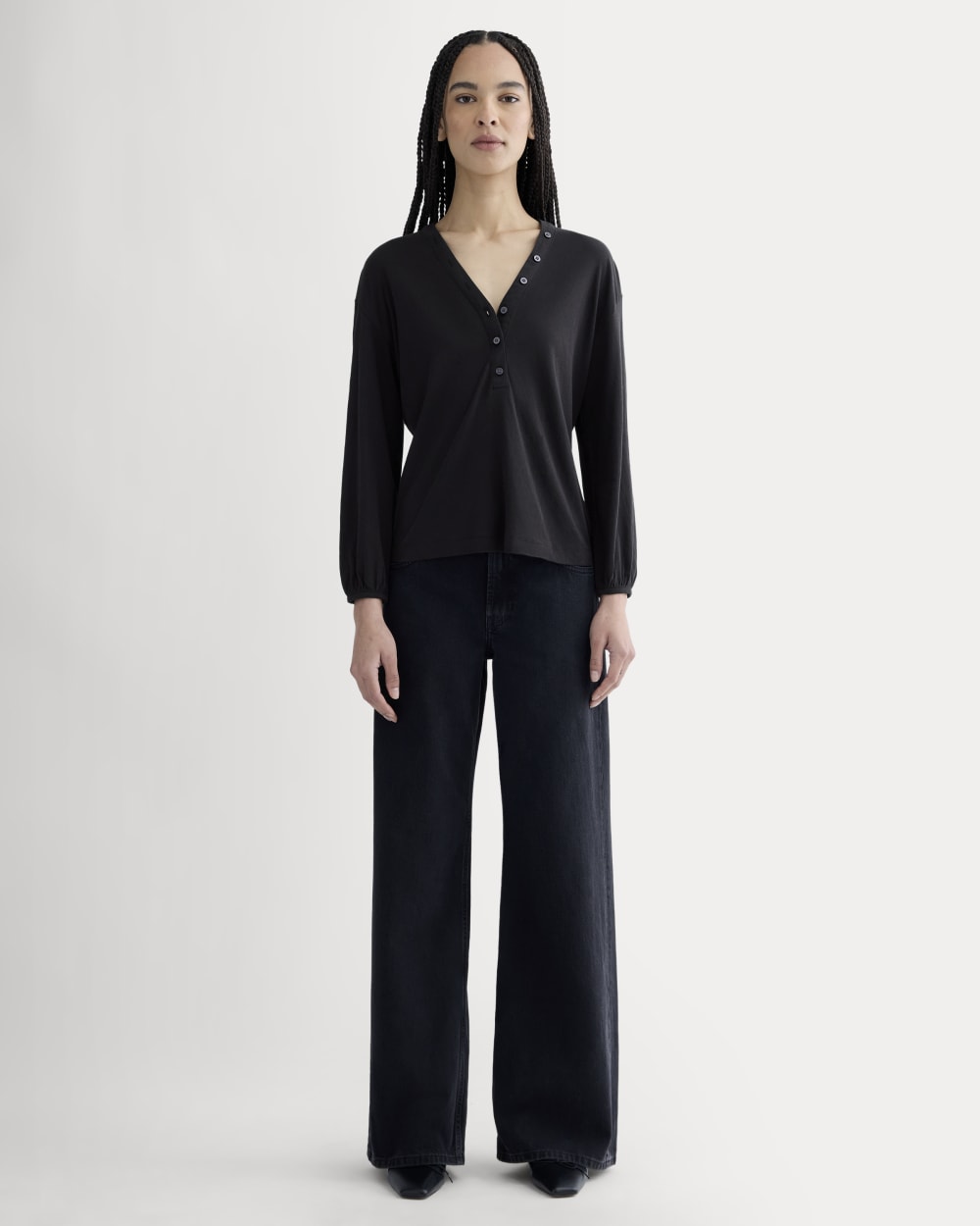 The Air V-Neck Henley in Black — detail view