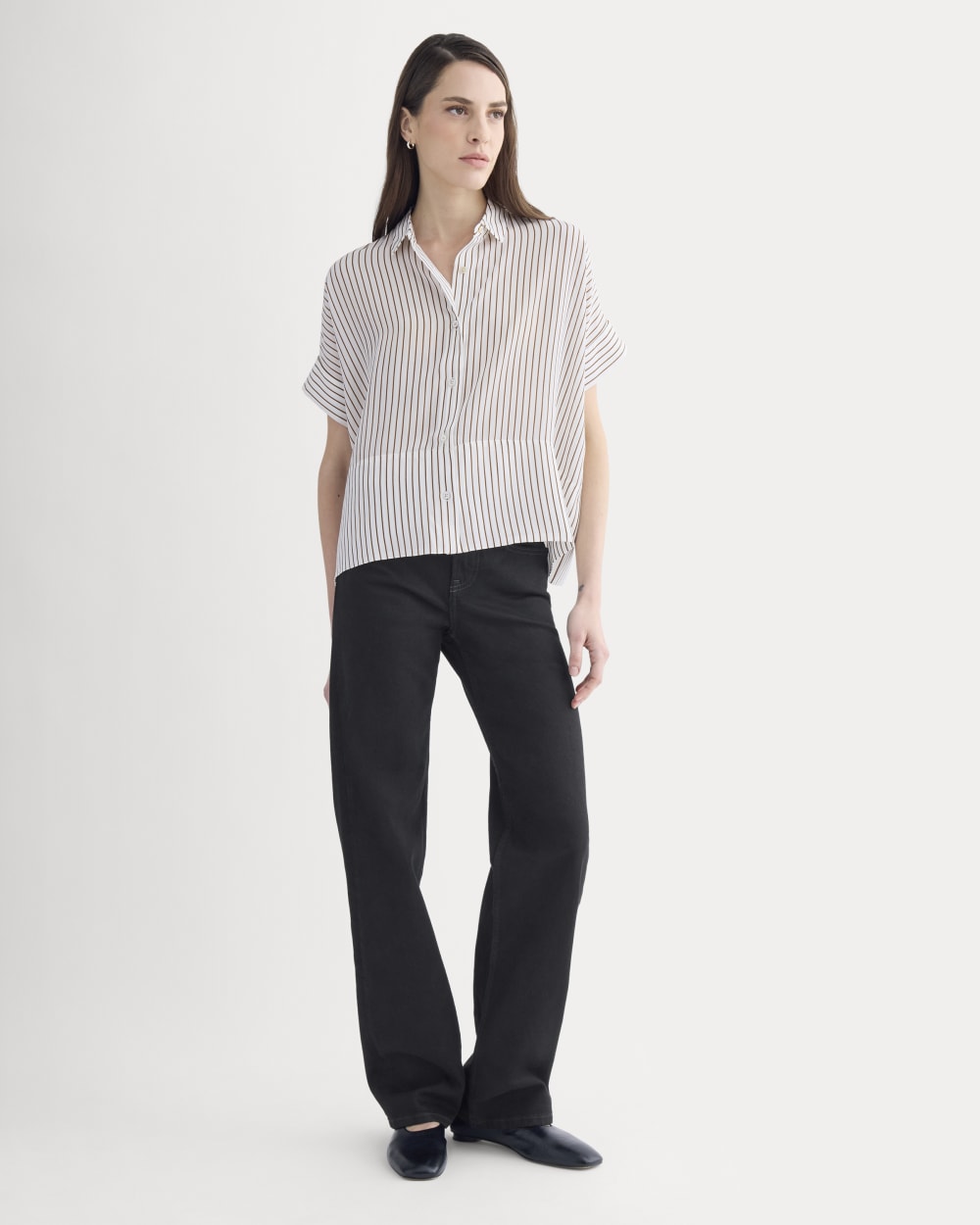 The Boxy Shirt in Washable Silk in Bone / Toffee Stripe — detail view
