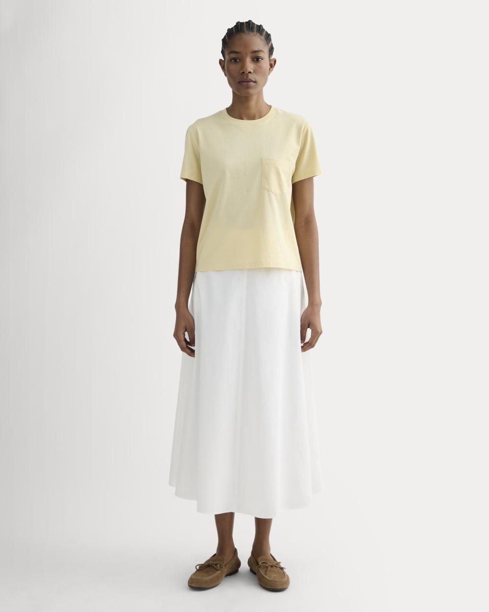The Box-Cut Tee in Essential Cotton in Banana Crepe — detail view