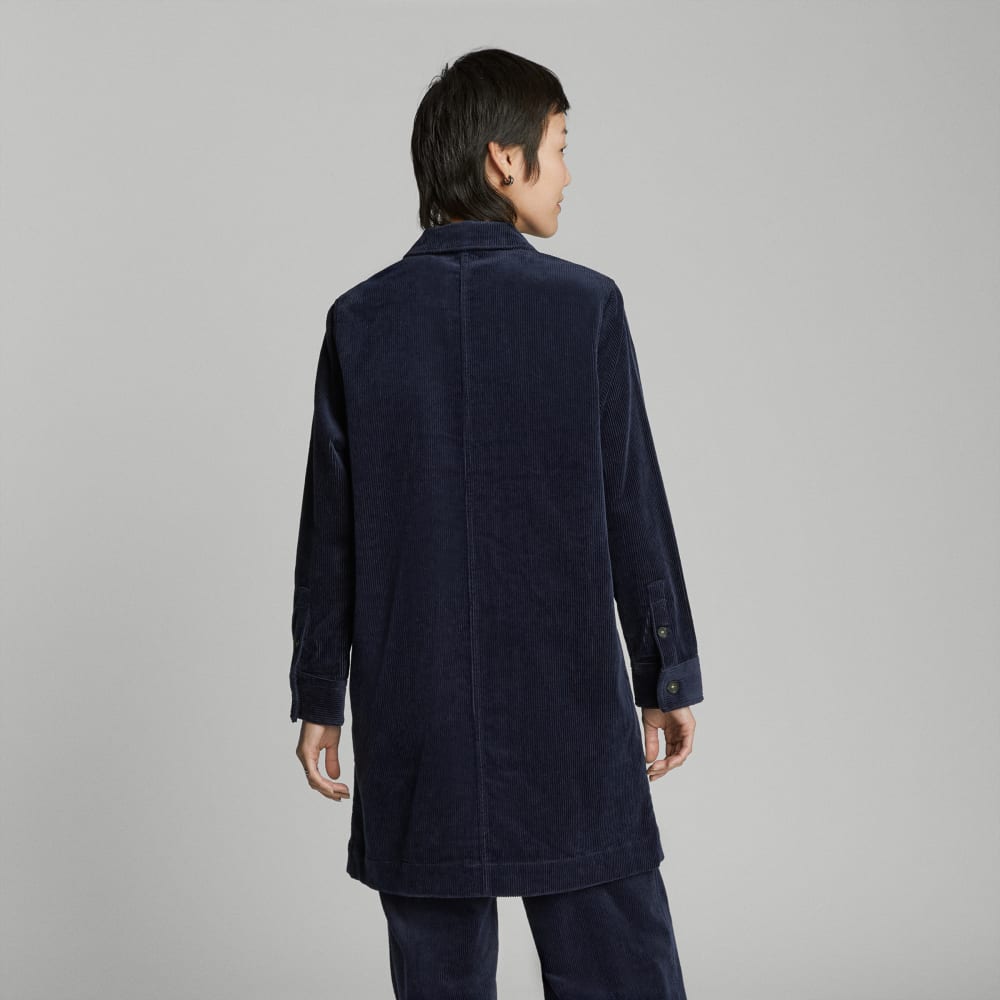 The Corduroy Long Shirt Jacket in Deep Navy — detail view
