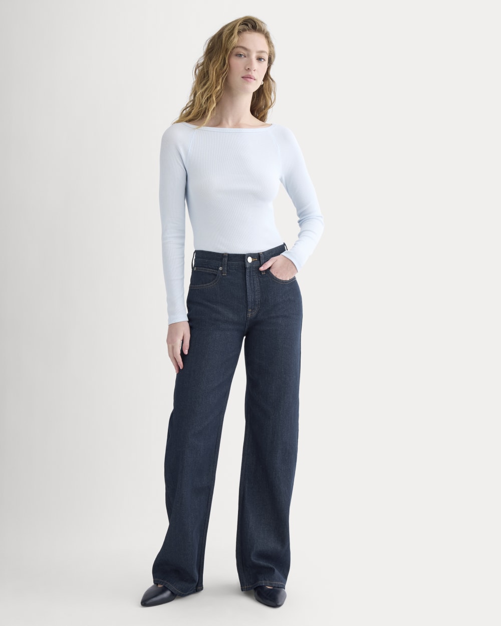 Luxe Rib Boatneck Top in Skywriting — detail view
