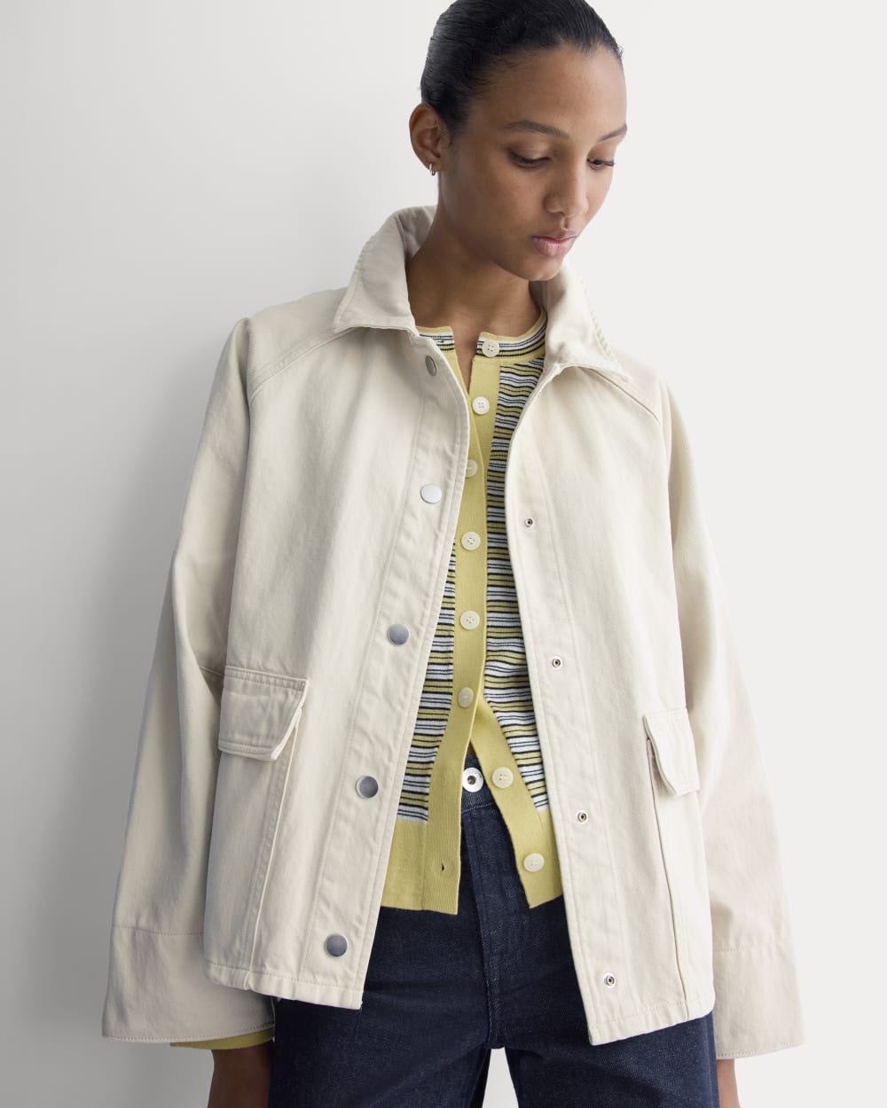 Cropped Denim Jacket in Garment-Dyed Sand — front view