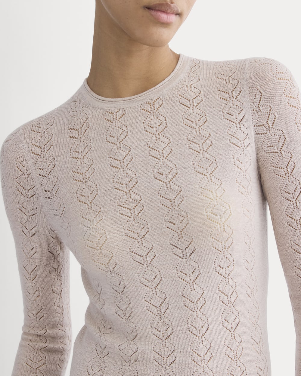 The Pointelle Crew in Ultrasoft Merino in Pale Blush — detail view