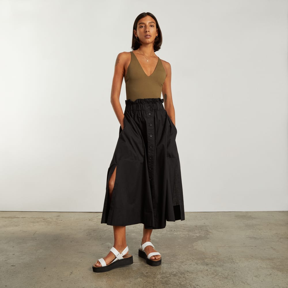 The Easy Button-Front Skirt in Black — detail view