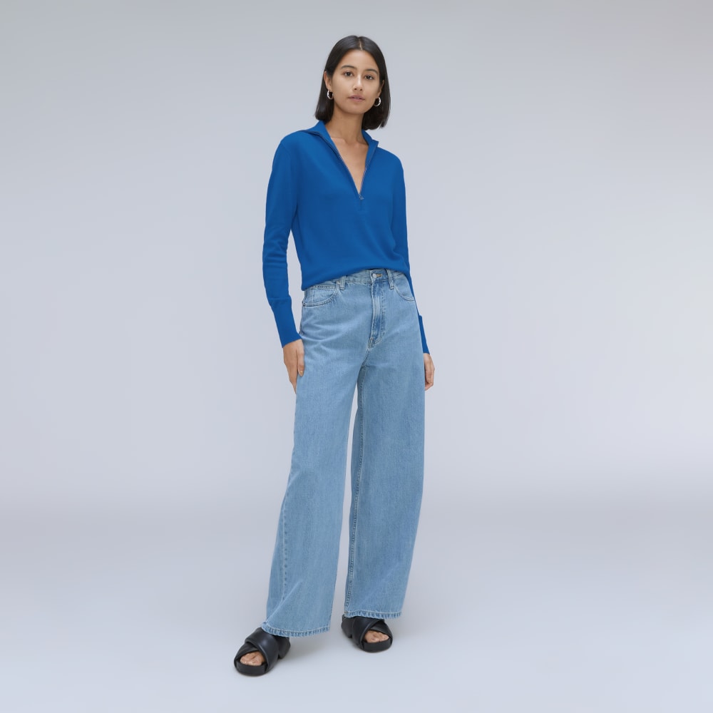 The Luxe Merino Half-Zip Sweater in Lapis Blue — detail view
