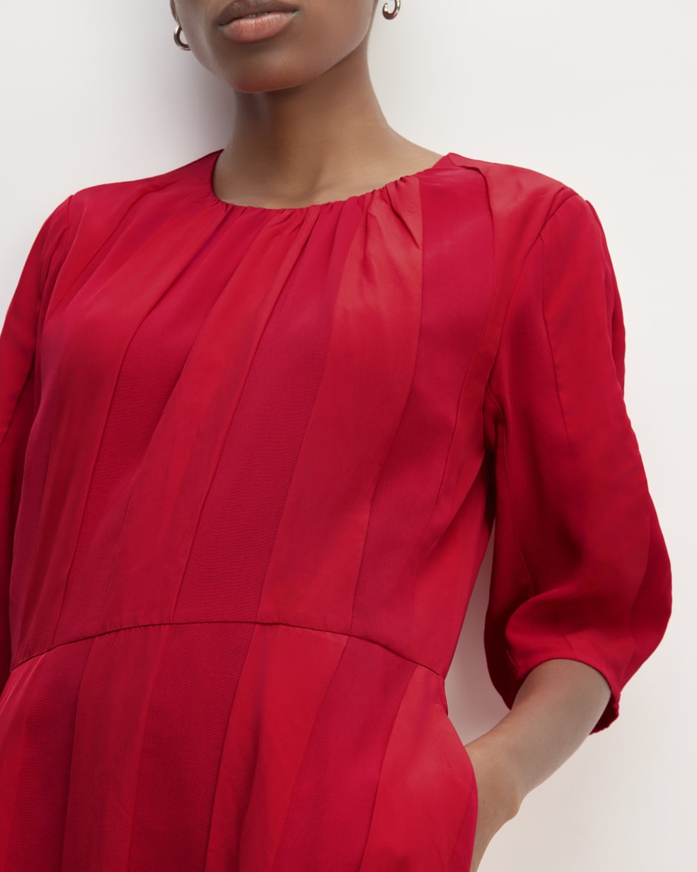 The City Stripe Ruched Dress in Haute Red — detail view