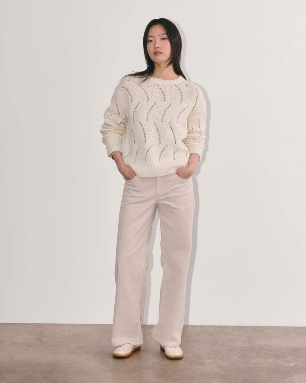 The Pointelle Sweater in Cloud in Bone — detail view