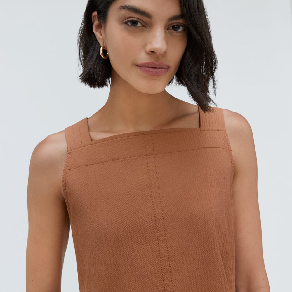 The Seersucker Midi Dress in Tawny Brown — detail view